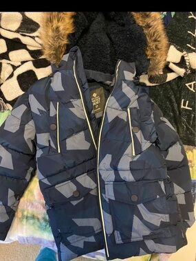Kids Navy Geometric Puffer Coat with Faux Fur Trim Hood